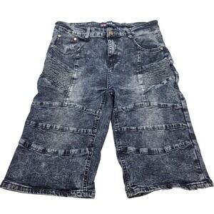 Phat Farm Biker Denim Shorts Mens 30 Black Acid Wash Moto Stretch Streetwear